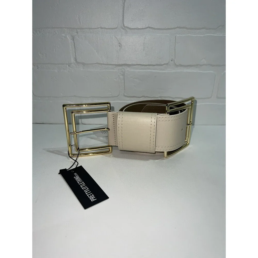 NWT! - PrettyLittleThing Cream Oversized Cut Out Double Buckle Belt M/L
